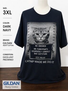 Gildan 3XL Funny Cat Mugshot Graphic Tee Mr Furrypants Dark Navy